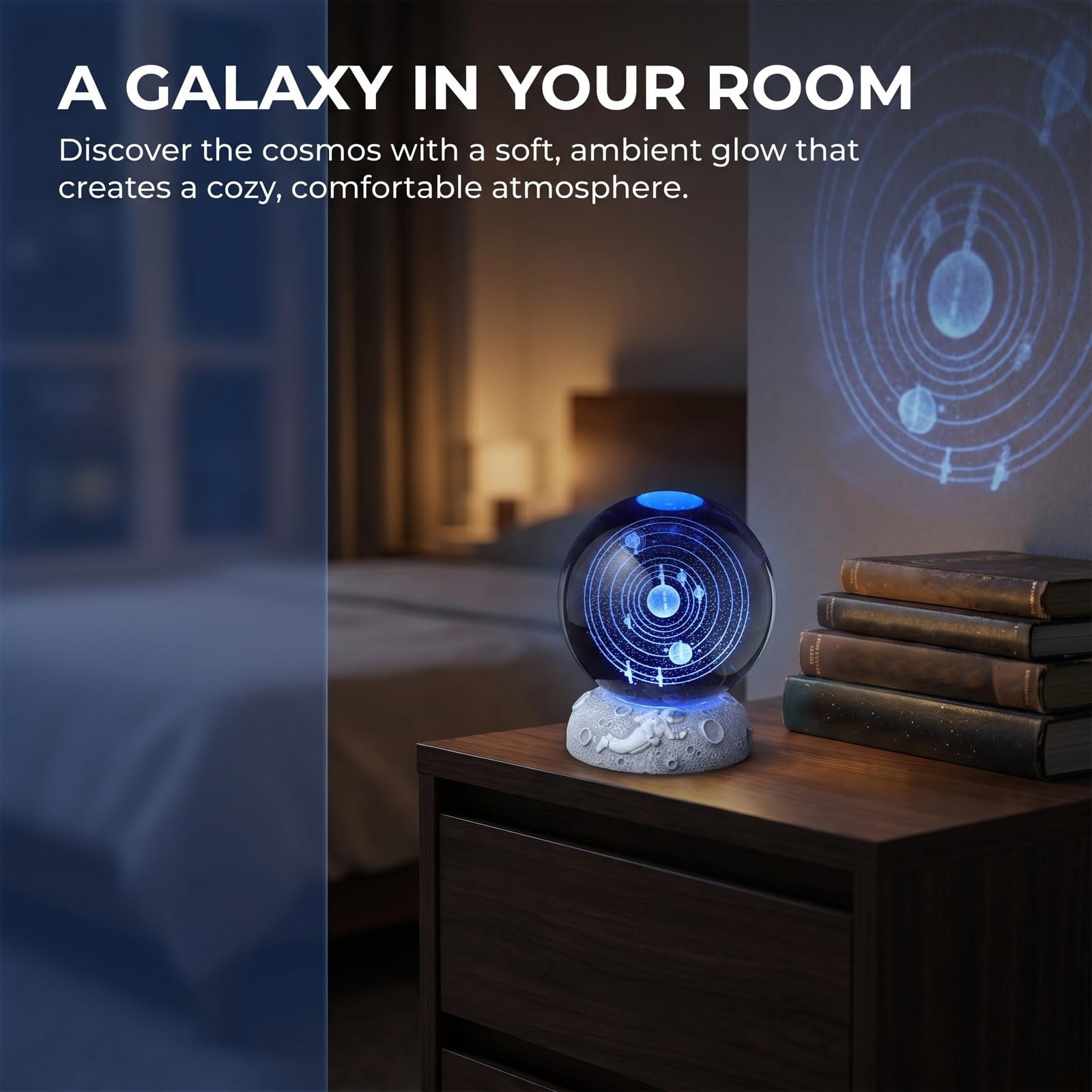 Artibetter Lampada a sfera di cristallo celeste | Globo a LED del solare con base luminosa | Luce d'atmosfera decorativa a tema scientifico per scrivania o soggiorno (batterie non incluse)