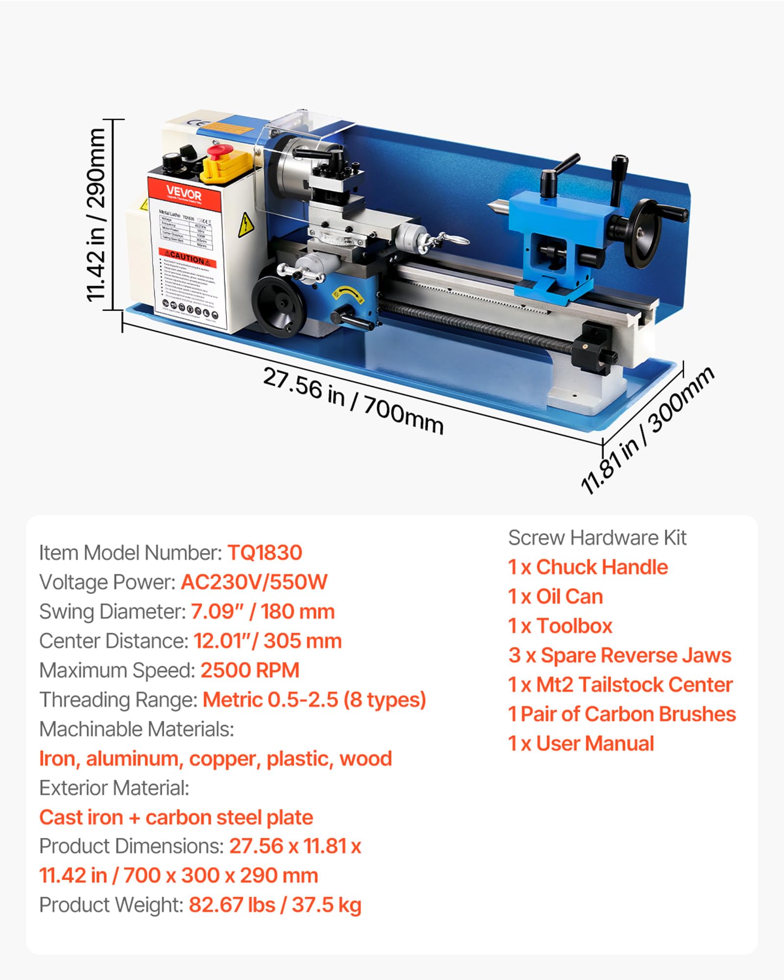 VEVOR Tornio da Banco per Metalli 180 x 305 mm Velocità 2500 giri/min 550W | Per 8 Filettature Metriche, Tornitura, Foratura, Zigrinatura, Ingranaggio in Nylon, Rotazione Reversibile, Corpo in Ghisa