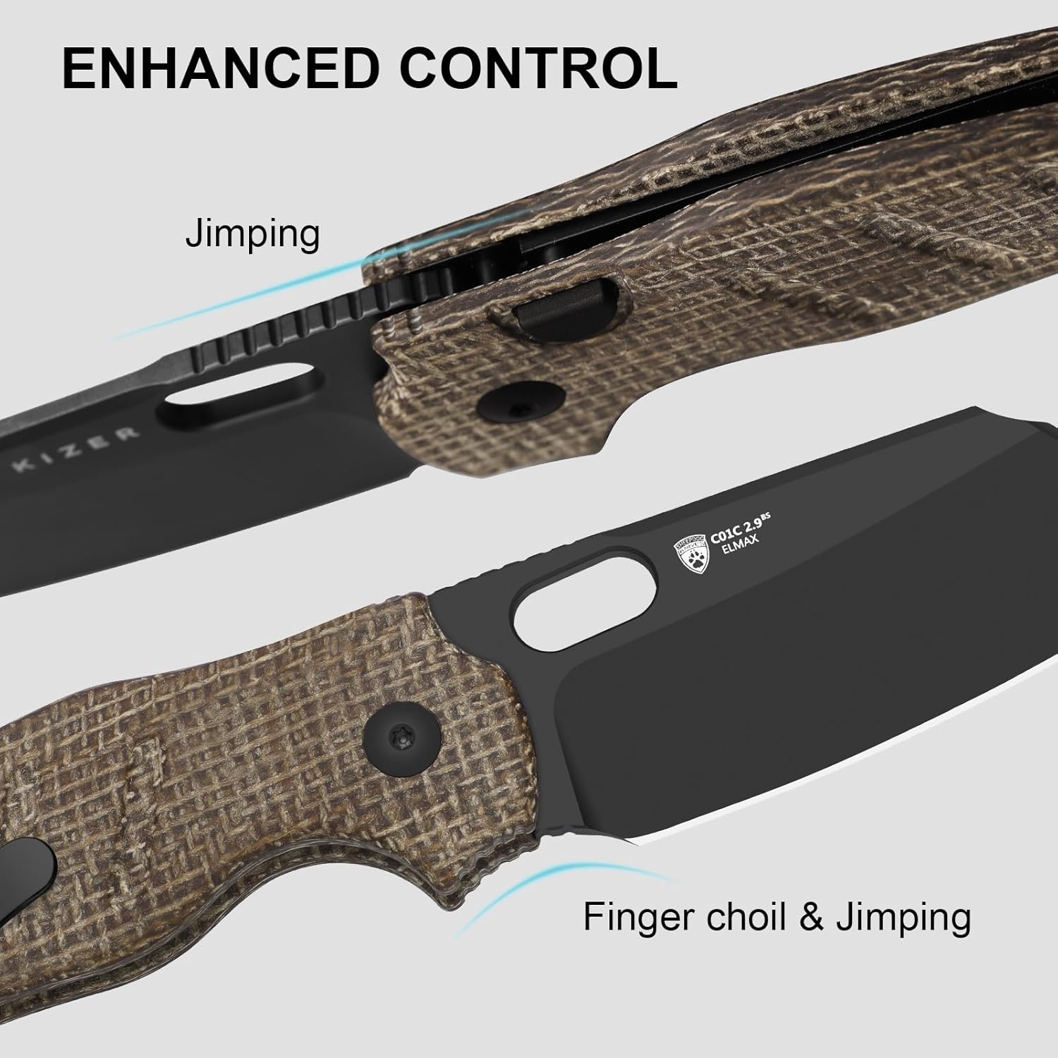 Kizer C01C 2.9 BS Sheepdog Pocket Knife, 2.95" Elmax Sheepsfoot Blade Folding Knife with Brown Norplex UltreX™ Micarta Handle, Small EDC Camping Survival Knives with Thumb Hole, Ki3488.29BSA2