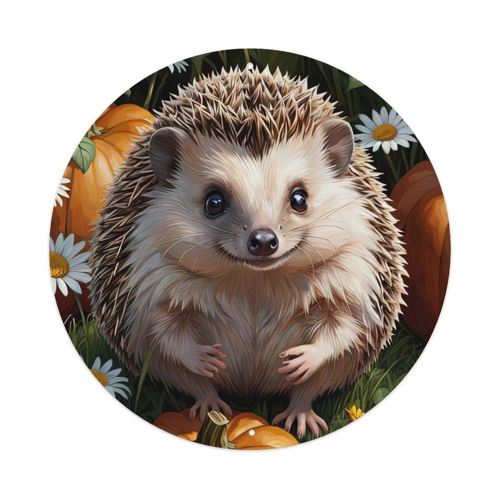 Animal Artwork Cute Little Hedgehog in Pumpkin Patch Metal Tin Sign