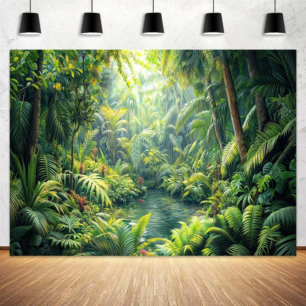 Jungle Rainforest Backdrop, Tropical Green Forest River Photography Background, Lush Palm Leaves Nature Themed Photo Booth Banner for Party, Birthday, Wedding, Photoshoot Decoration,10x8FT