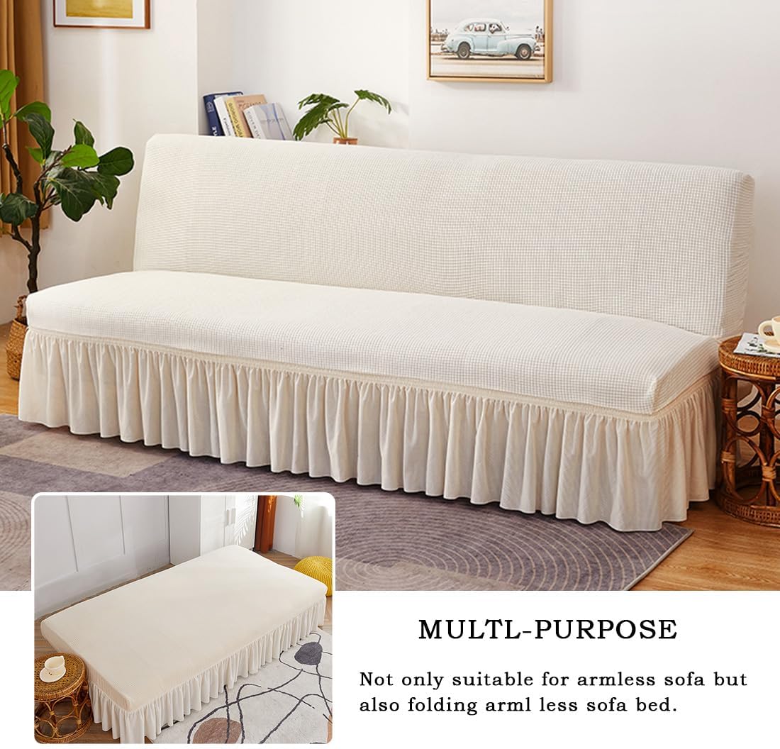Futon Cover Slipcover Removable Armless Sofa Bed Slipcovers Full Size with Skirt Ruffled Knitted Futon Sofa Cover Furniture Bed Protector with Elastic Bottom M White