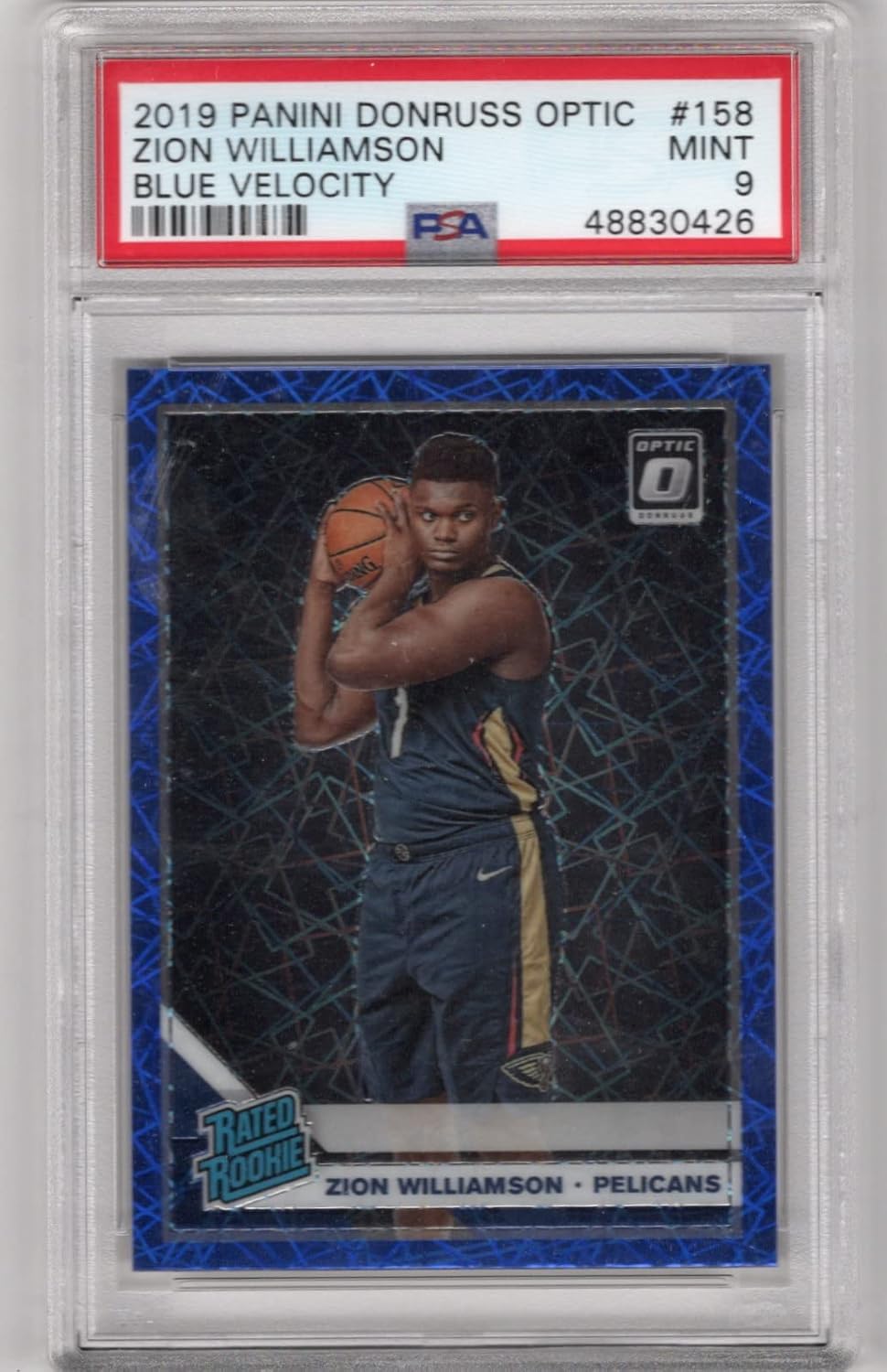 Zion WIlliamson PSA Graded 9 Mint Blue Velocity Rated Rookie Collectible Basketball Card - 2019 Panini Donruss Optic Basketball Card #158 (Pelicans)