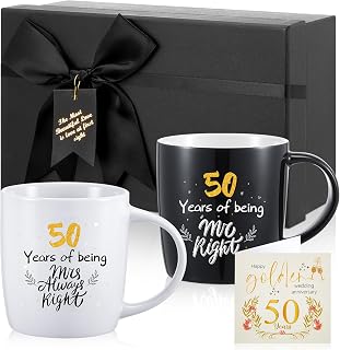 Geiserailie 2 Stück Goldene Hochzeit Tassen Elegant für Paare 50. Hochzeitstag Geschenke für Frauen Männer Paare 50 Jahre Geschenke Goldene Hochzeit Eltern mit Karten Schwarze Geschenkboxen, 380 ml