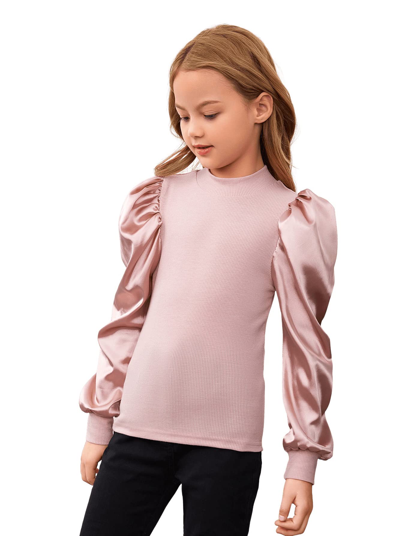 Floerns Girls Casual Puff Long Sleeve Round Neck Rib Knit Blouse Tee Tops Dusty Pink 11-12Y