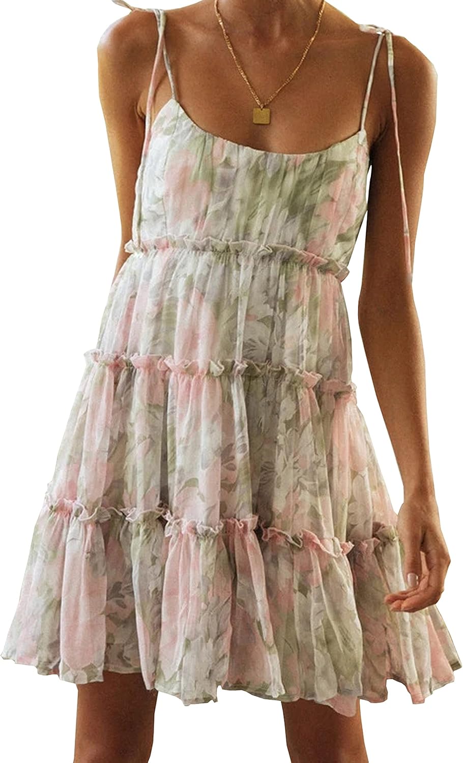 kinstell Women's Boho Spaghetti Strap Ruffle Square Neck Bowknot Backless Sleeveless Elegant Flowy Mini Short Skater Dresses