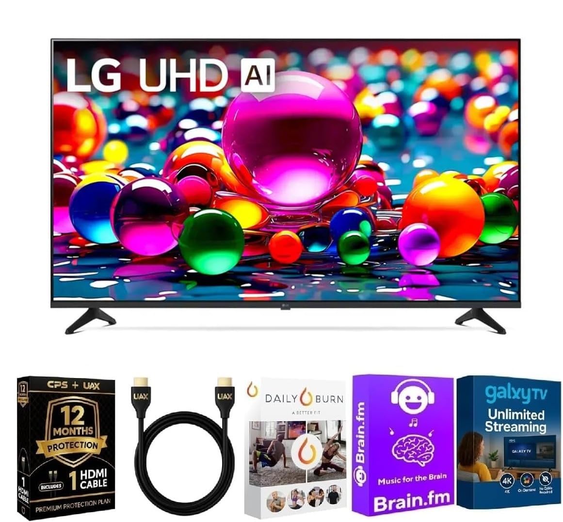 LG 43 Inch Class UA77 Series LED AI 4K Smart webOS TV (2025 Model) + HDMI Cable + 12 Month CPS Warranty + Streaming Bundle – HDR10, ThinQ AI, Wi-Fi 6, Voice Control, Slim Design