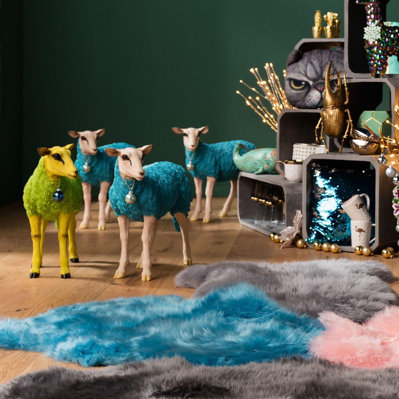 Kare Design Deco Figurine Sheep, Green and Yellow, 60x21x49 cm