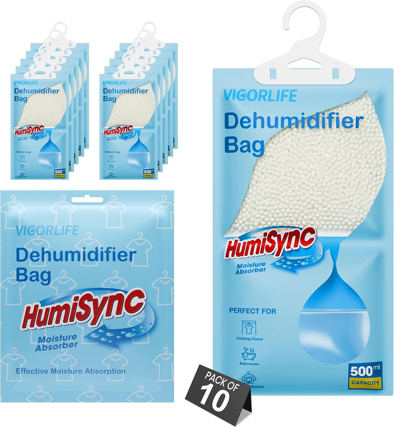 Moisture Absorbers 10 Pack, 9.8Oz Hanging Closet Dehumidifier Bag Desiccant | Portable Dehumidifiers for Wardrobe, Bathroom, Bedroom, RV, Car, Humidity Absorbers, Attract Excess Moisture, Unscented, Blue