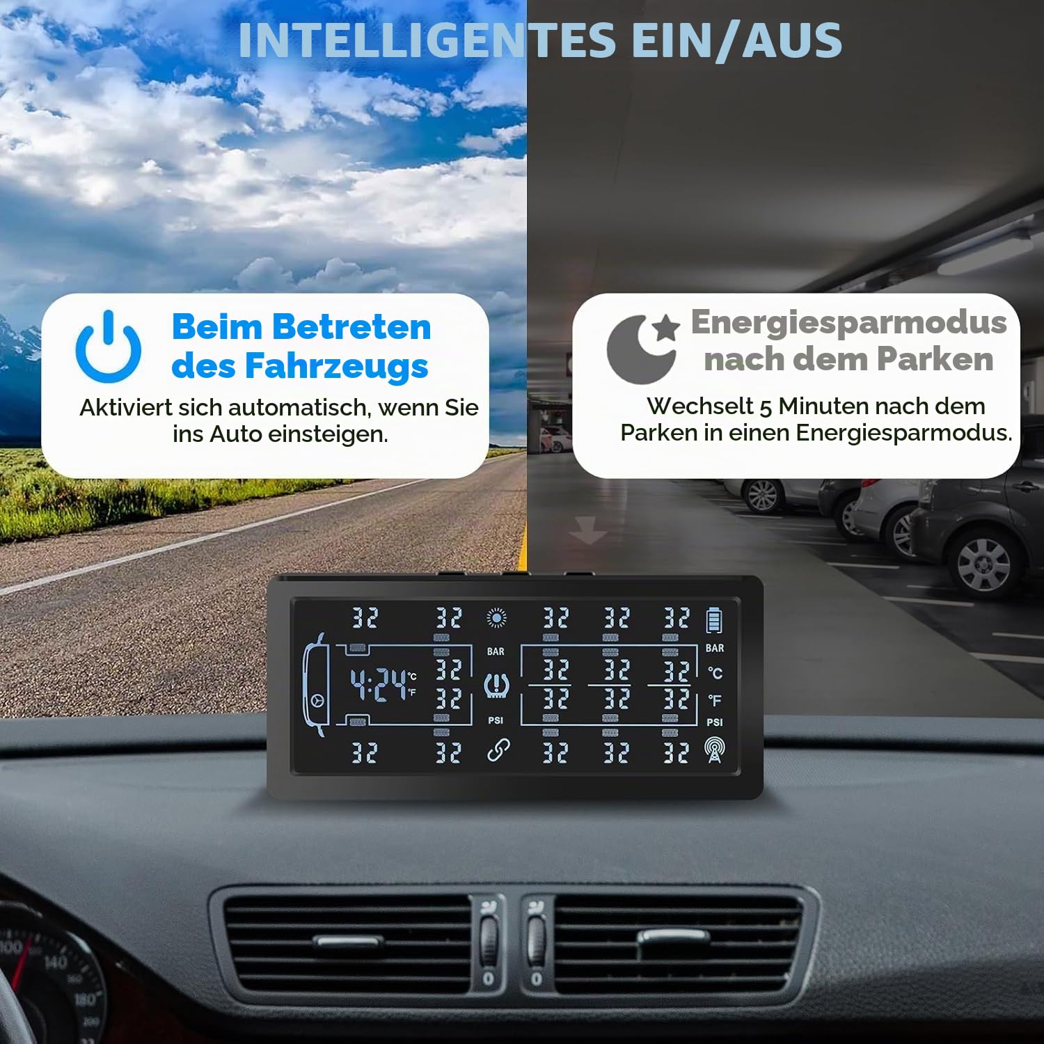 0-188PSI TPMS für 4-6-8-10 Räder Reifendruckkontrollsystem Solar USB Aufladen Reifendruckmonitor mit 8 externen Sensoren, LCD-Display and Sprachalarm, Passt Auto LKW Anhänger Wohnwagen