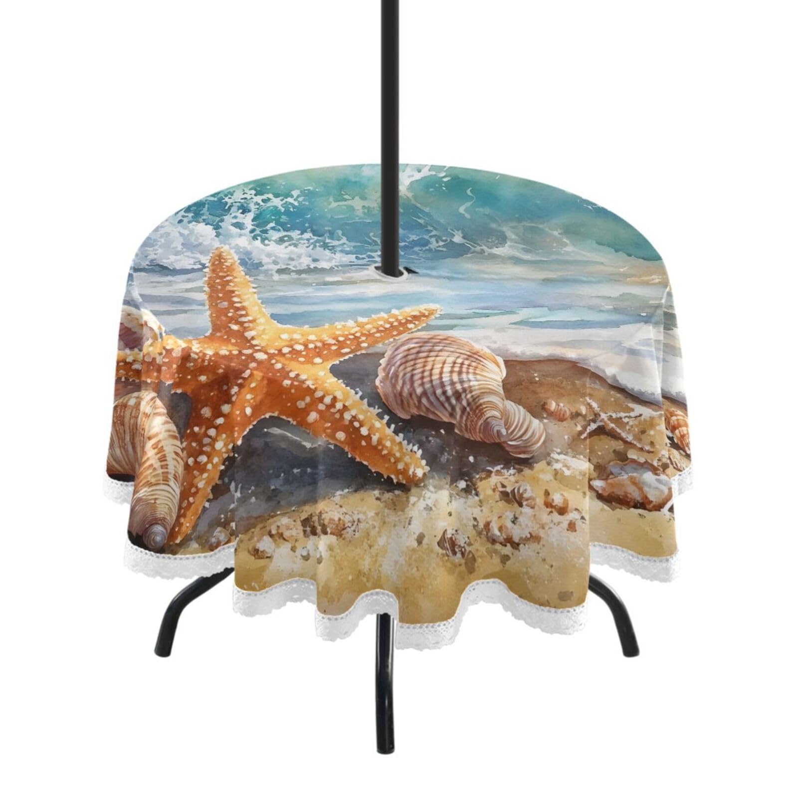 Ttgoth Beach Outdoor Table Cloth 152 cm Water Stain & Resistan Tablecloth Wipeable Table Cover with Parasol Hole & Zipper for Garden Patio Party Picnic