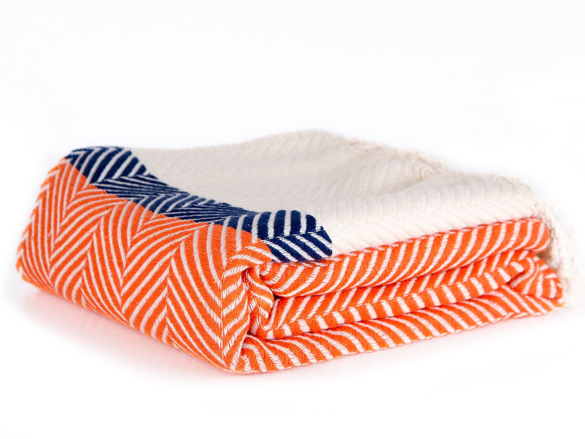 Pure Cotton Herringbone Blanket | Orange with Navy Stripe High-Quality Cotton Throw | Turkish Cotton Handmade Throw Blanket | 220X98 cm / 87"x38"
