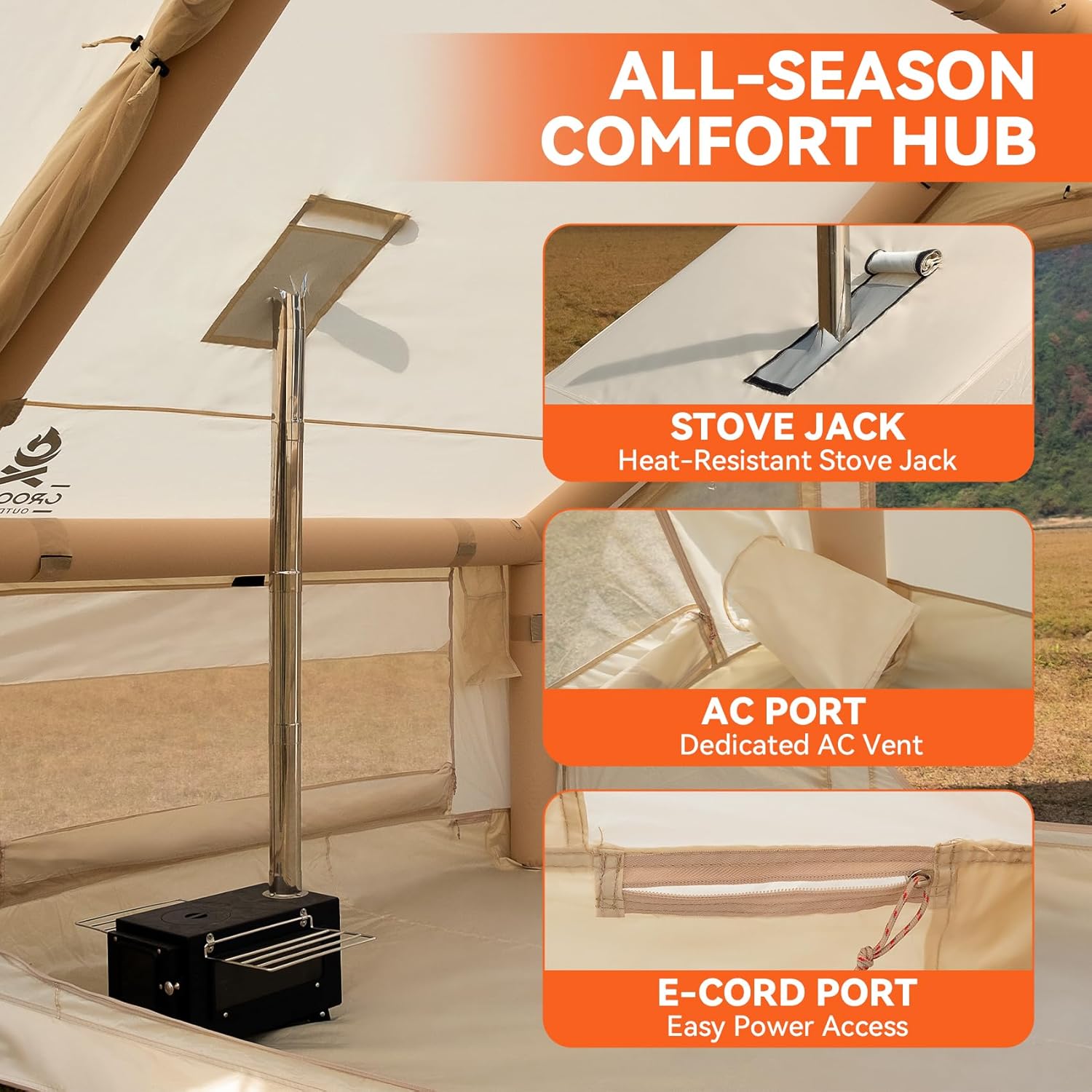 4 Person Inflatable Tent with Stove Jack & Canopy, 4 Season Glamping Air Tent with Panoramic Skylight, AC & Power Port, Waterproof Blow Up Tent House for Camping, Easy Setup