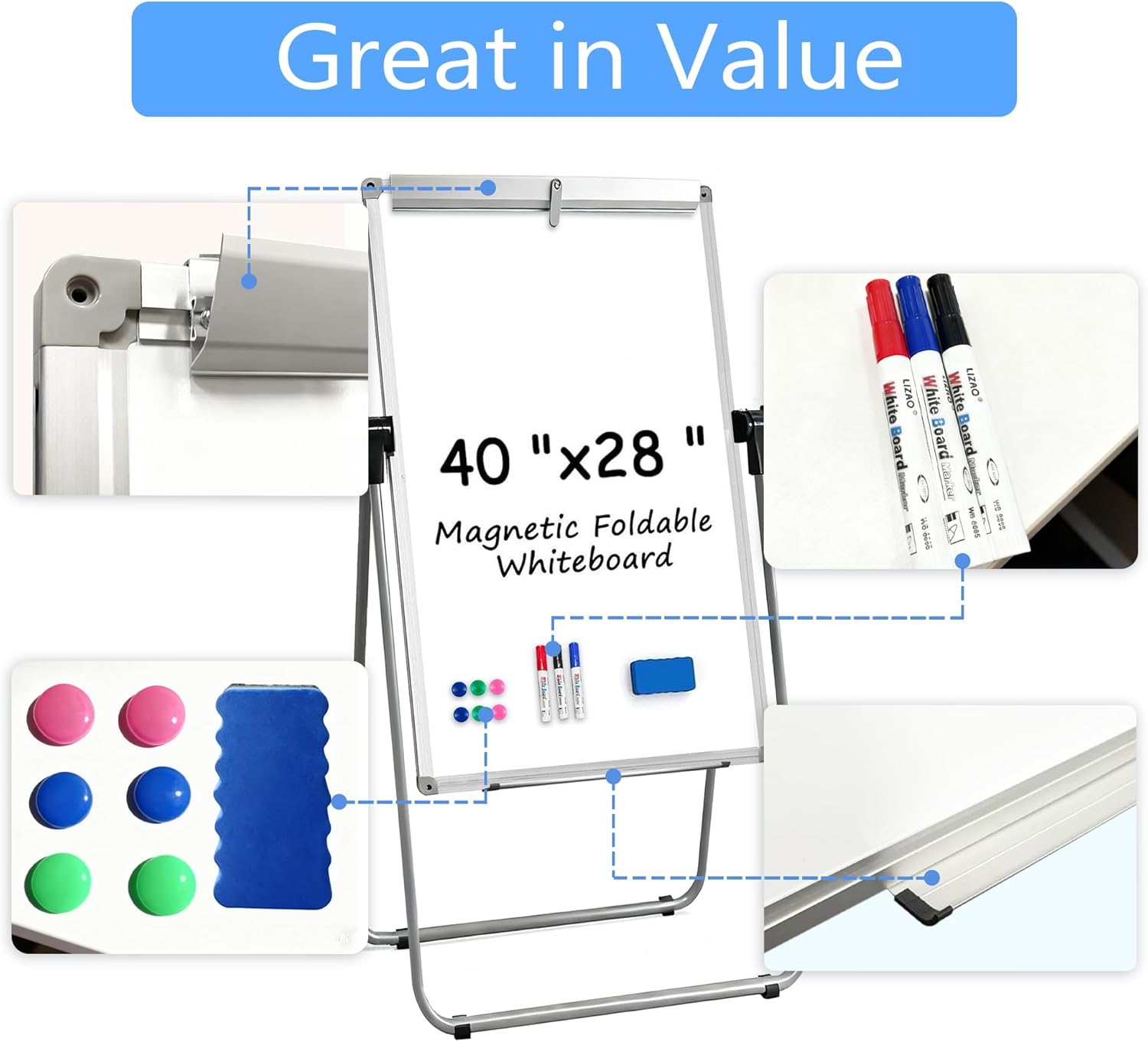 KIZZBY Double Sided White Board with Stand - 40" x 28" Portable Magnetic Flip Easel Whiteboard U-Stand Height Adjustable & 360° Rotation Dry Erase Board for Home Office Classroom