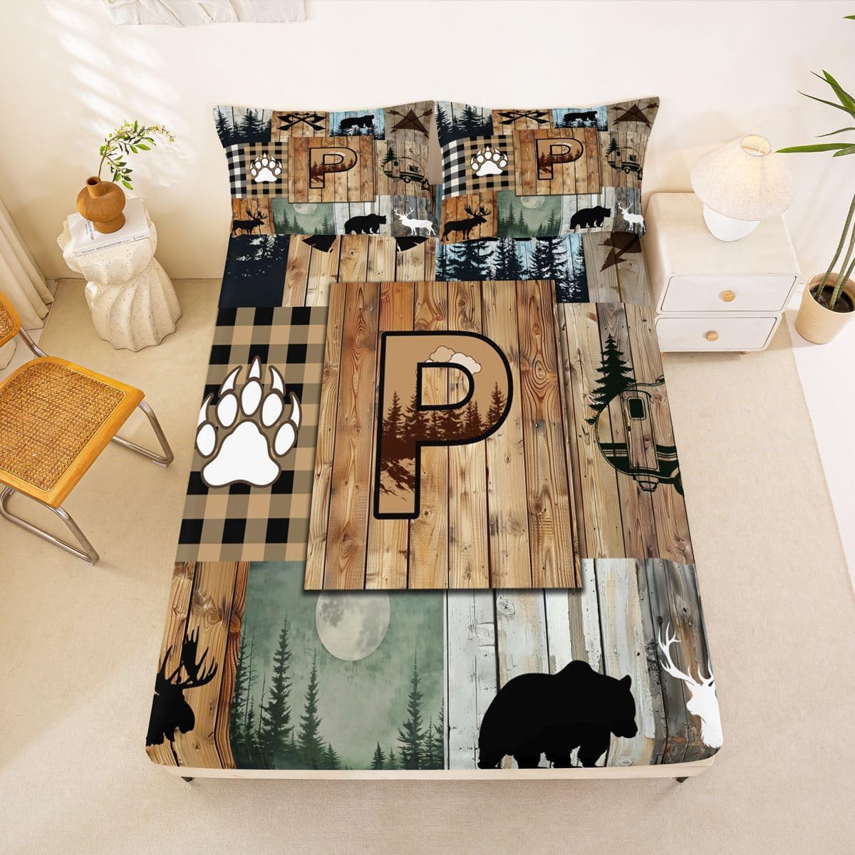 Erosebridal Hunting Bear Moose Deer Fitted Sheet Full Initial Letter P Bed Sheets Rustic Cabin Lodge Camping Bedding Set for Kids Teen Adults,Western Farmhouse Bear Paw Print Bed Cover 3 Pcs