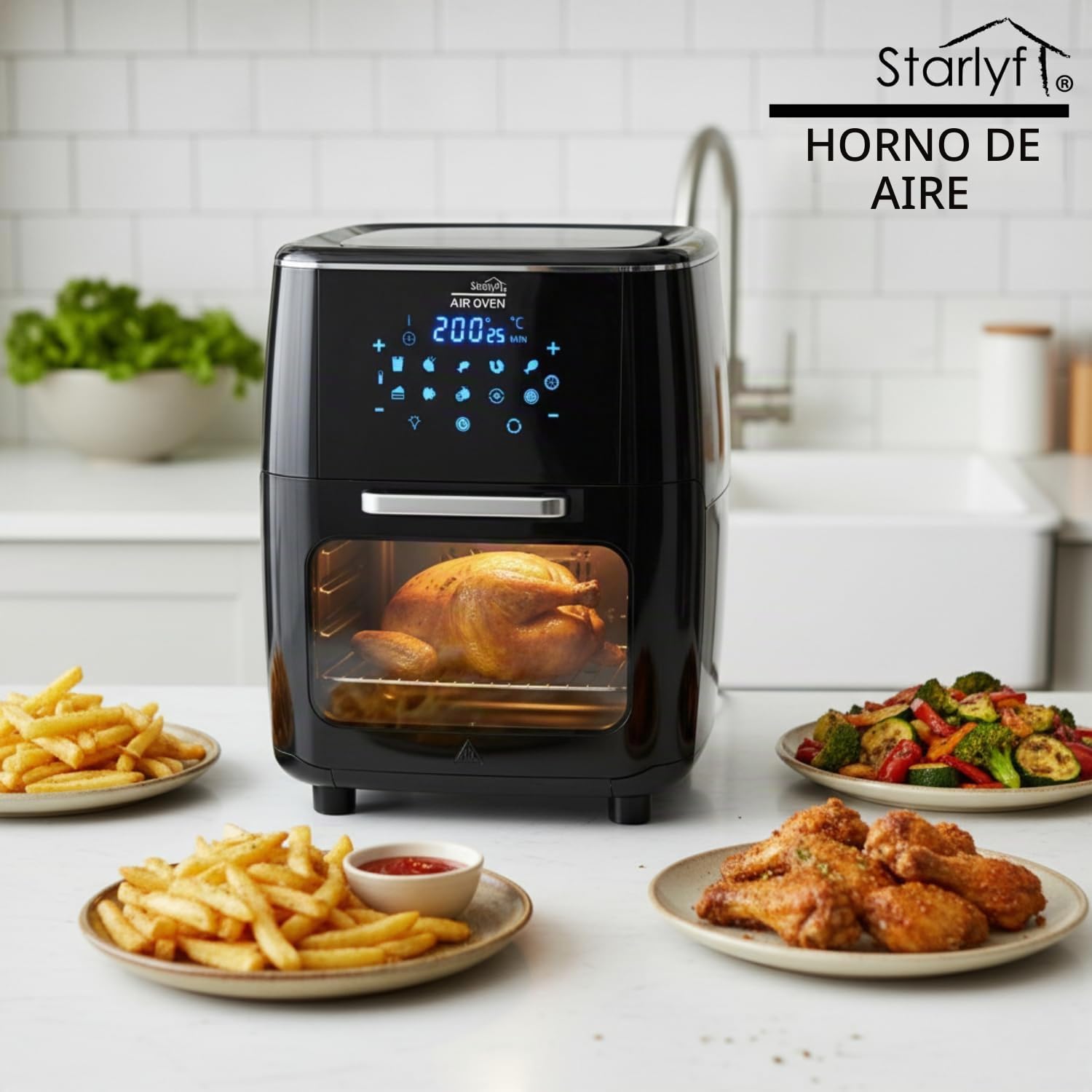 STARLYF Air Oven Freidora de Aire, Horno de Aire eléctrico, 1700W - 12L, Tecnología Air Cycling, 10 Programas, Freidora de Aire 65-200℃, Panel LED táctil, Fácil de Limpiar