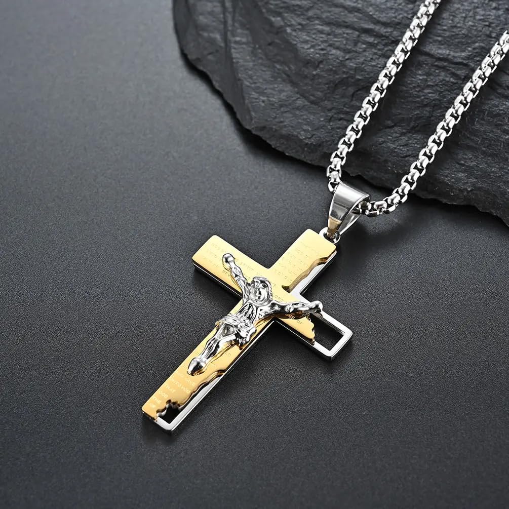 Cross Necklace for Men - 316L Stainless Steel Religious Crucifix Pendant with Adjustable 22"+2" Rolo Chain,Silver/Black Christian Jewelry Gift - Image 3