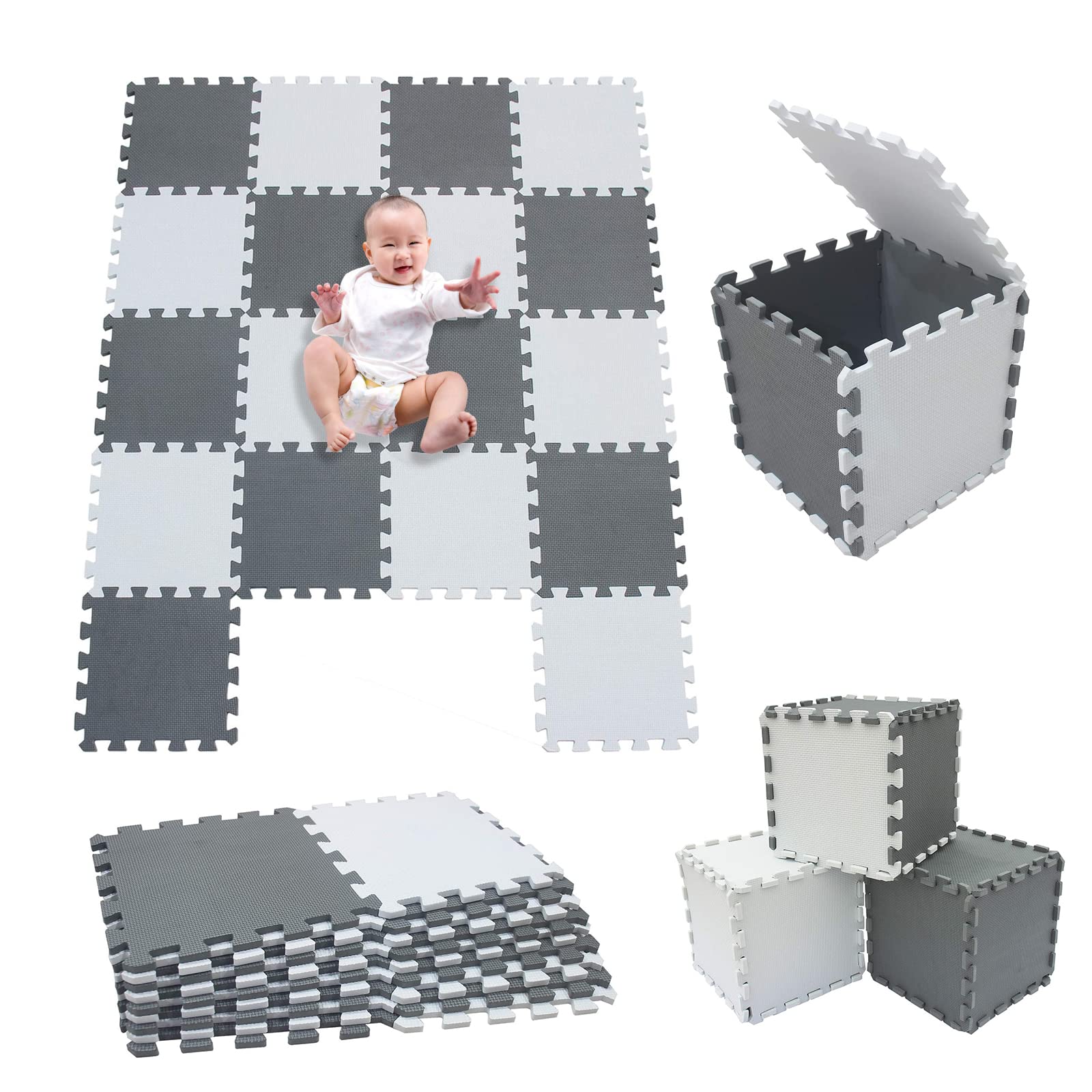 Tappeto in schiuma per puzzle, tappeto da pavimento, puzzle, tappeto in schiuma per bambini, multicolore per bambini, tappetino da strisciare, attivite, 30 x 30 x 1 cm (36 lastre, bianco + grigio