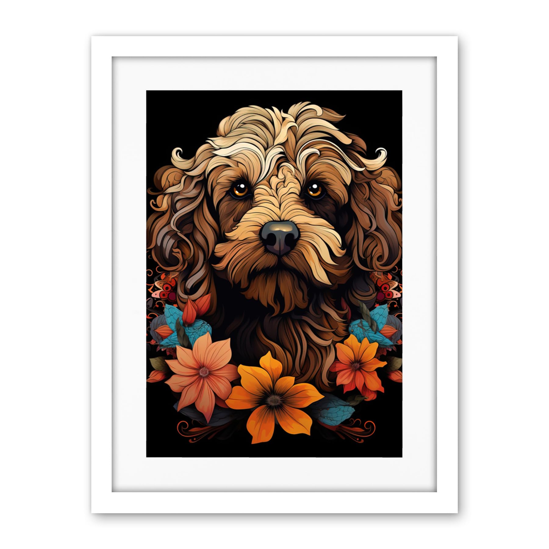 Artery8 Cockapoo Dog with Flowers Artwork Orange Brown Blue Floral Art Nouveau Portrait on Black Artwork Framed Wall Art Print 18X24 Inch