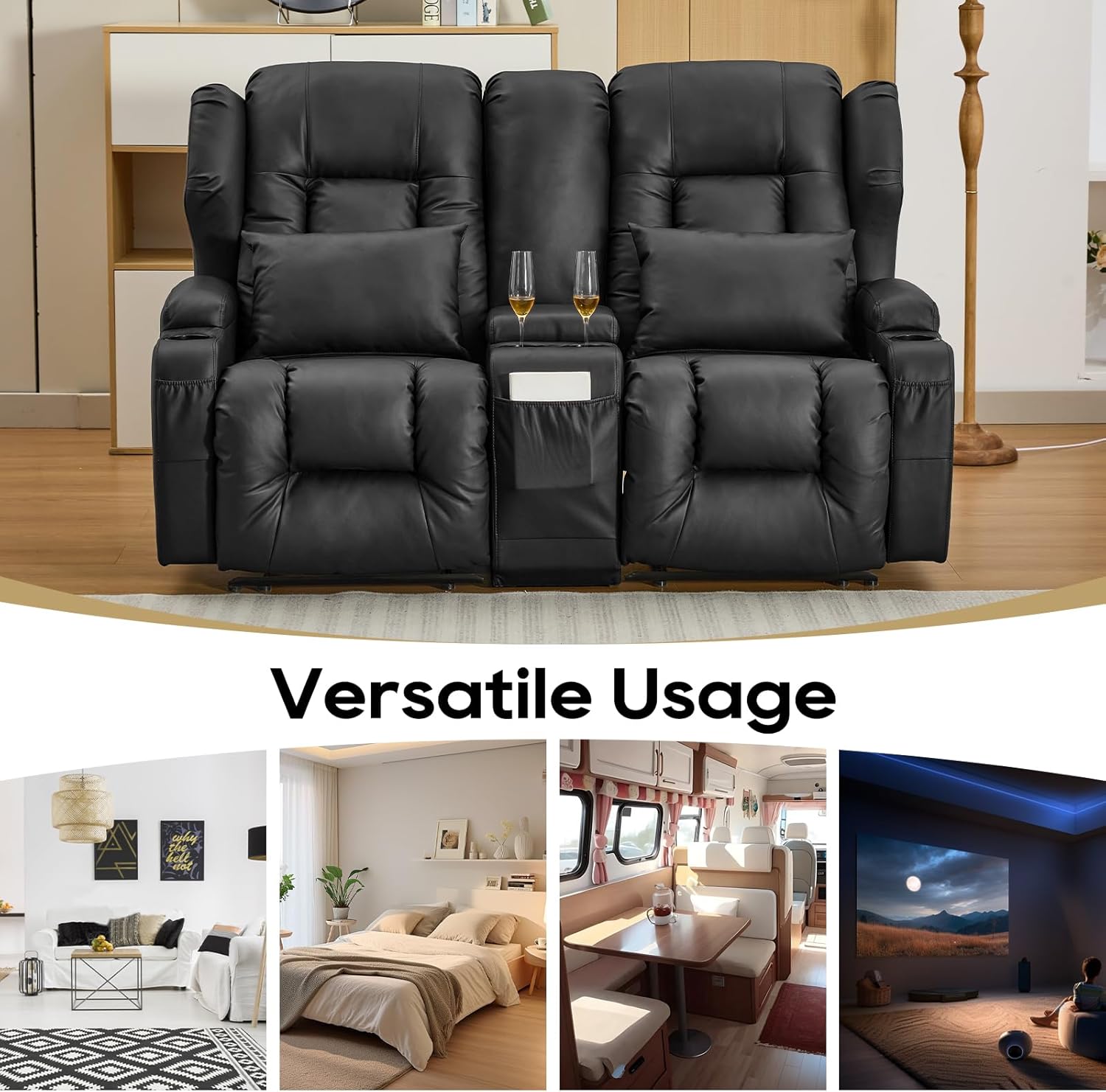 IPKIG 65" Loveseat Recliner Sofa - 2 Seater Reclining Sofa with Storge Console, Side Pockets, Cup Holders and Lumbar Pillows, Manual Recliner Chair (Black, 65" Loveseat)