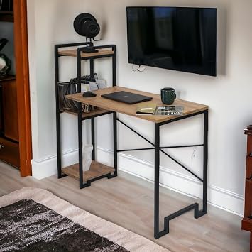 Dekoratİf 3 Rafli Metal Çok AmaÇli ÇaliŞma Masasi AhŞap Rafli Kİtaplik Bİlgİsayar Ve Laptop Masasi
