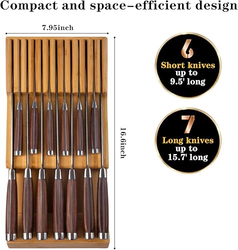 Miniatura 2 de Bloque de cuchillos de bambú para cajones de cocina, soporte para cuchillos en cajón, organizador de cajones de cuchillos apto para 13 cuchillos