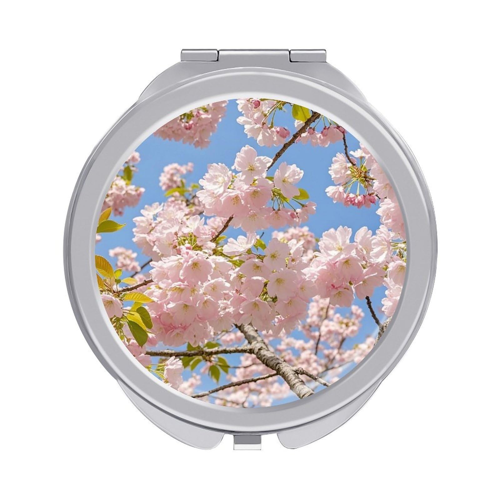 FekiLoot Cherry Blossom Travel Makeup Mirror for Women Folding Portable Hand Compact Mirrors Small Round Vanity Mirror 1X/2X Magnifying Metal Pocket Makeup Mirrors