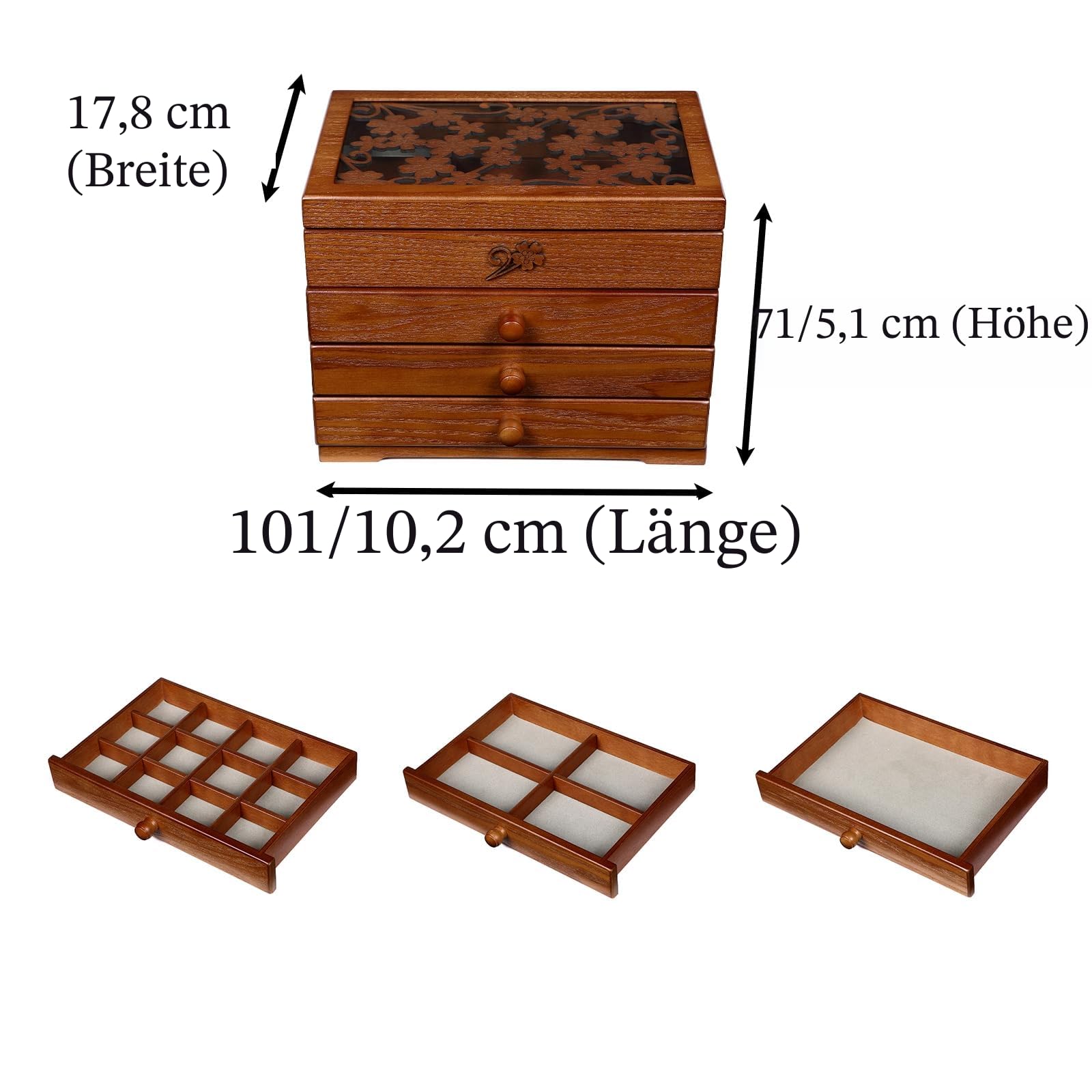 Changsuo Holz-Schmuckkästchen für Damen mit Schubladen, mittelgroßer Schmuckaufbewahrungs-Organizer mit Acryldeckel für Uhren, Ohrringe, Ringe
