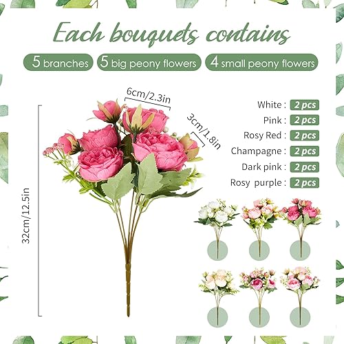 Miniatura 2 de Jexine 12 paquetes de flores artificiales de seda de peonías artificiales, ramo de peonías falsas, ramos de flores artificiales para jarrón,