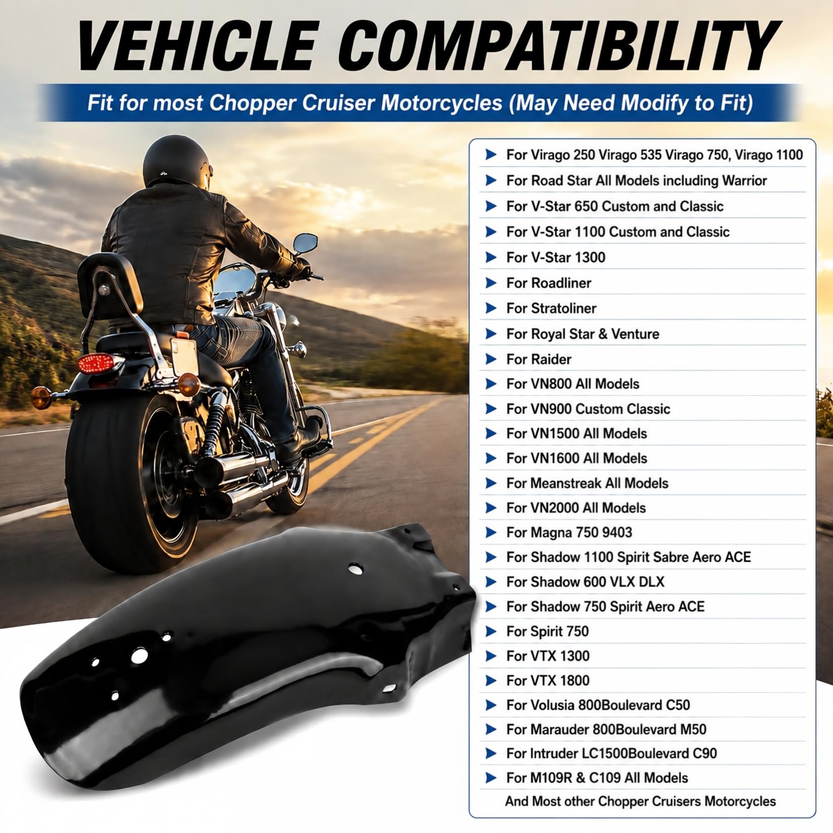 psler Protection de roue arrière universelle pour Chopper Cruisers, Virago, V-Star, Roadliner, Shadow, Spirit, Meanstreak, Noir