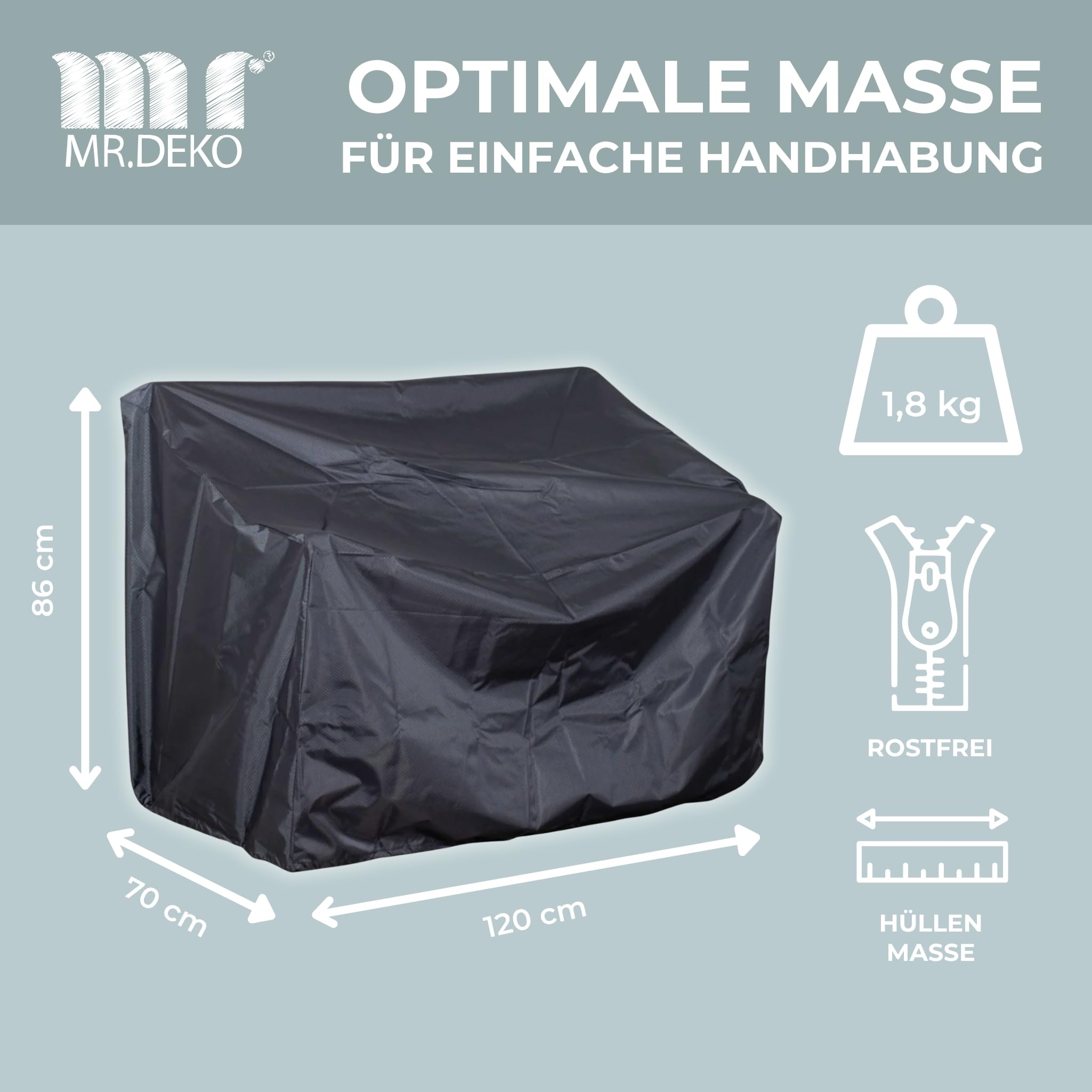 MR. DEKO Schutzhülle Gartenbank 2 Sitzer 130cm Aero Protect Dunkelgrau | Abdeckhaube Gartenmöbel Atmungsaktiv | Schutzhaube Reißfest | Abdeckung Bank Outdoor UV-beständig
