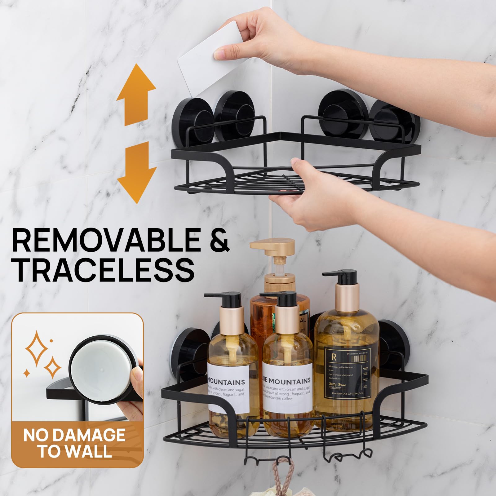 ONXE Suction Cup Corner Shower Caddy - No Drill Bathroom Organizer With Powerful Suction (2 Pack)