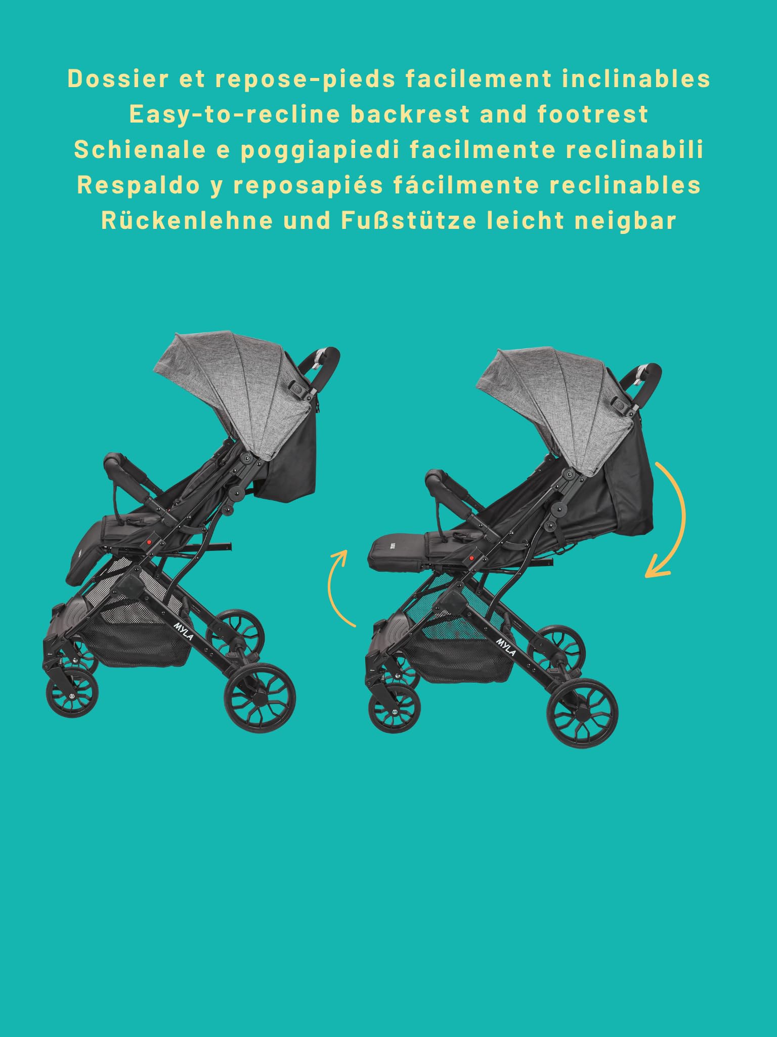 Nania Myla, poussette canne compacte, 0 à 4 ans (22kg max), légère (7,5 kg), poussette citadine, inclinable d’une main en position allongée, grand panier de rangement, avec trolley de transport