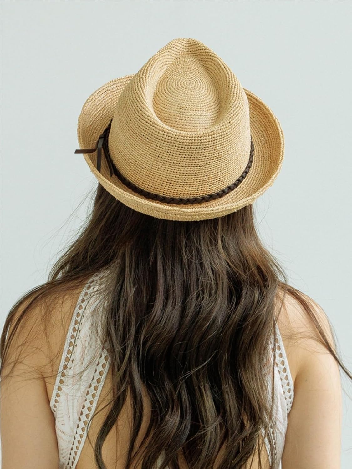 Unisex Raffia Straw Fedora Hat with Braided Belt, Roll Brim Summer Sun Hat for Outdoor Travel Beach