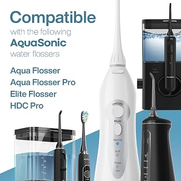 AquaSonic Genuine Aqua Flosser Replacement Tips - 5 Tips, 4 Types: Standard, Periodontal, Orthodontic & Tongue Scraper - Authentic Parts (White)
