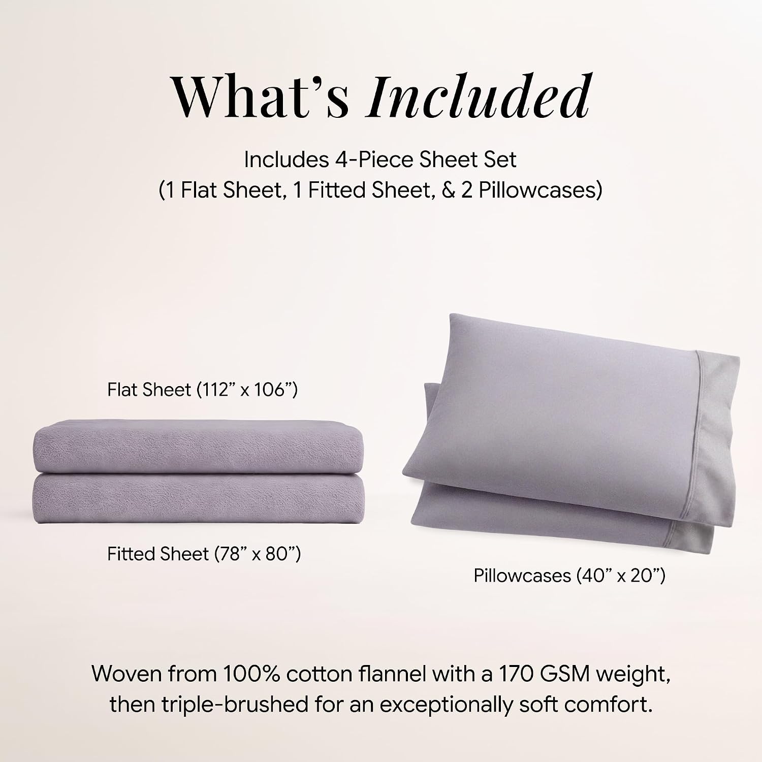 Tribeca Living Triple Brushed Soft Cotton Flannel Sheets Set, King Size 170-GSM Weight Extra Deep Pocket Sheet in Solid Lavender Color