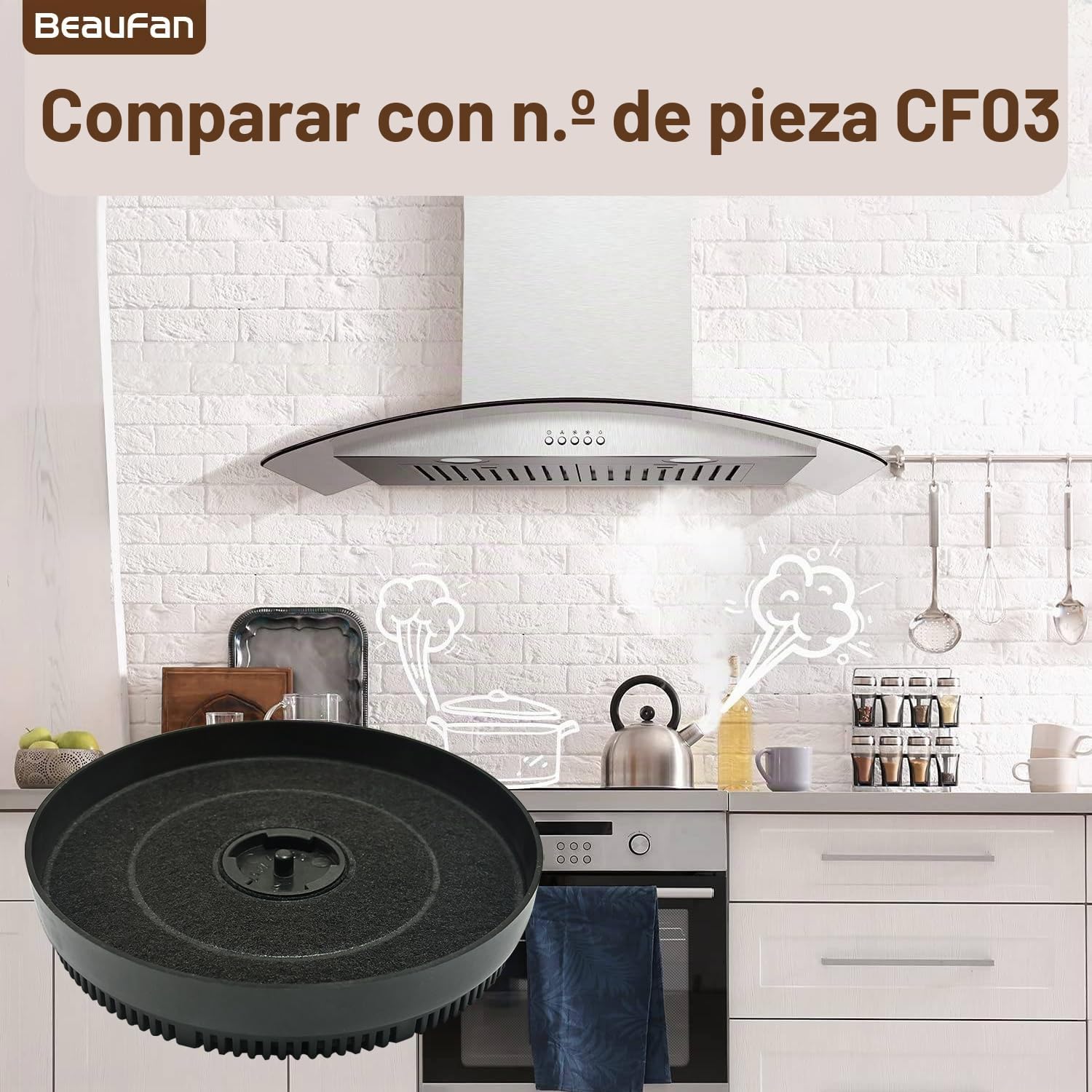 4 filtros de carbón activo CF03 compatibles con los modelos de campana extractora COMFEE: CHW 7.6M77A3, CHW 7.9M77A3, ANGJ64B-60, BIHT01SS-52, 60GLAV33A++, 90TSHM77A++, compatible con Respekta MIZ4000