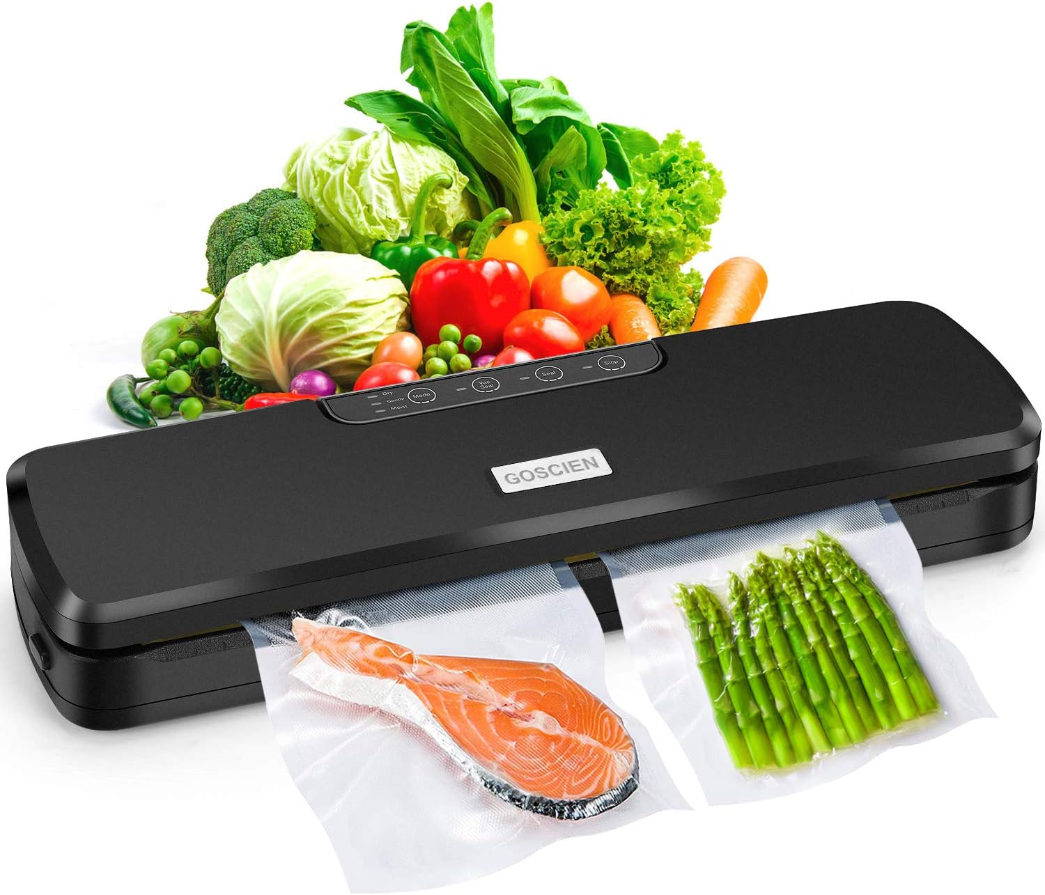 Vacuum Sealer, GOSCIEN Automatic Food Sealer for Food Savers, Dry & Moist Food Modes, Led Indicator Lights, Built-in Cutter, Starter Kit with 10 PCS Vacuum Bags