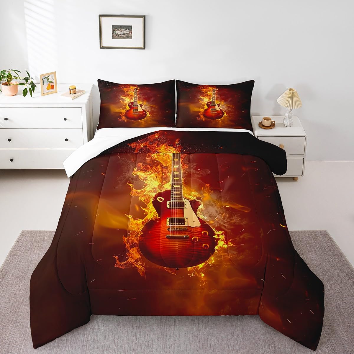 Juego de edredón tamaño King de guitarra, juegos de ropa de cama con temática de música rock, para jóvenes, hombres, adolescentes, niños, niñas, instrumentos musicales, juego de edredón de 3 piezas,
