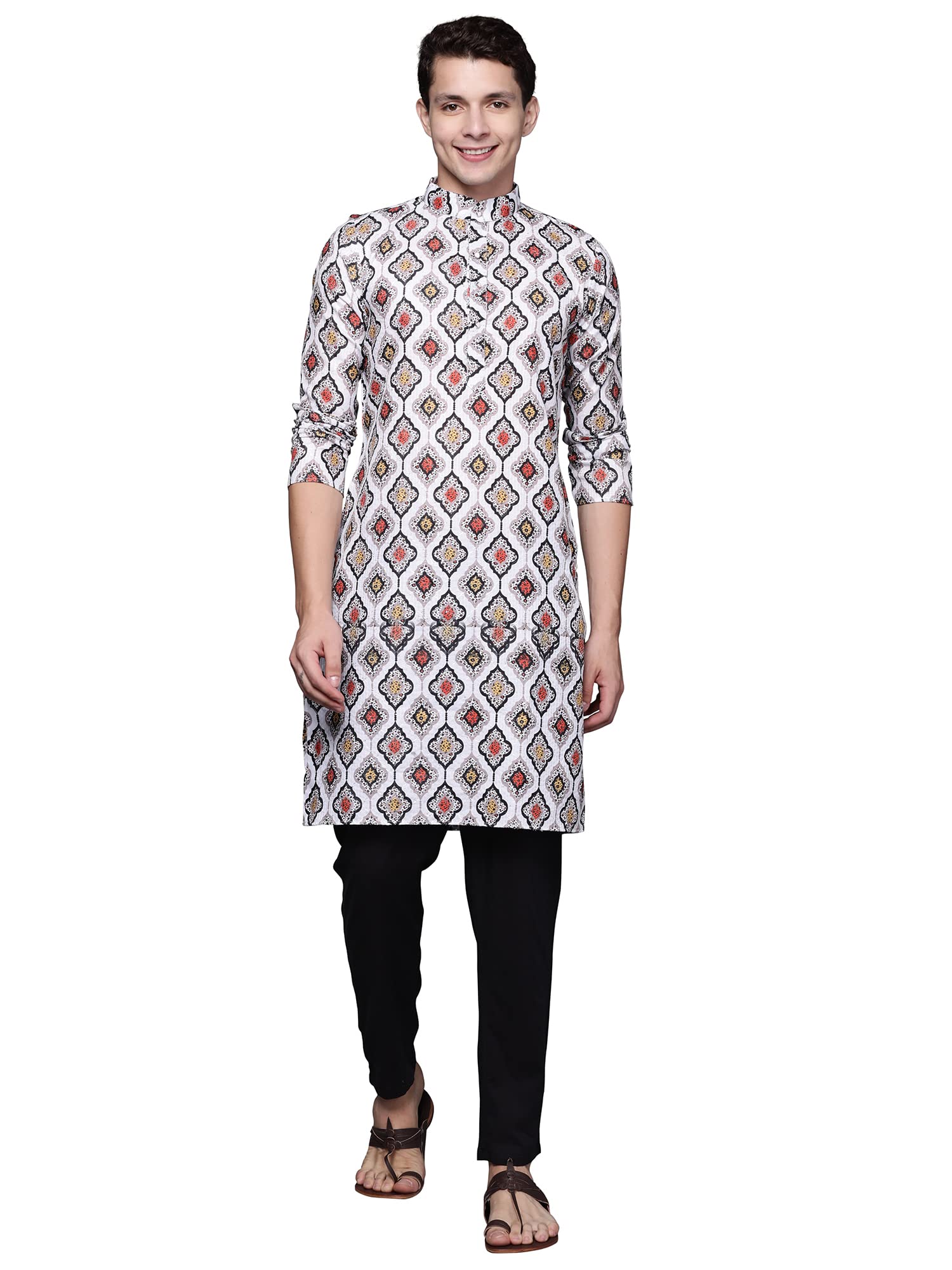 Indo Era Men's Cotton Printed Festive Straight Long Kurta (MKT0ML1224_Multicolored_Ready to Wear_S to 2XL-Size) in multi