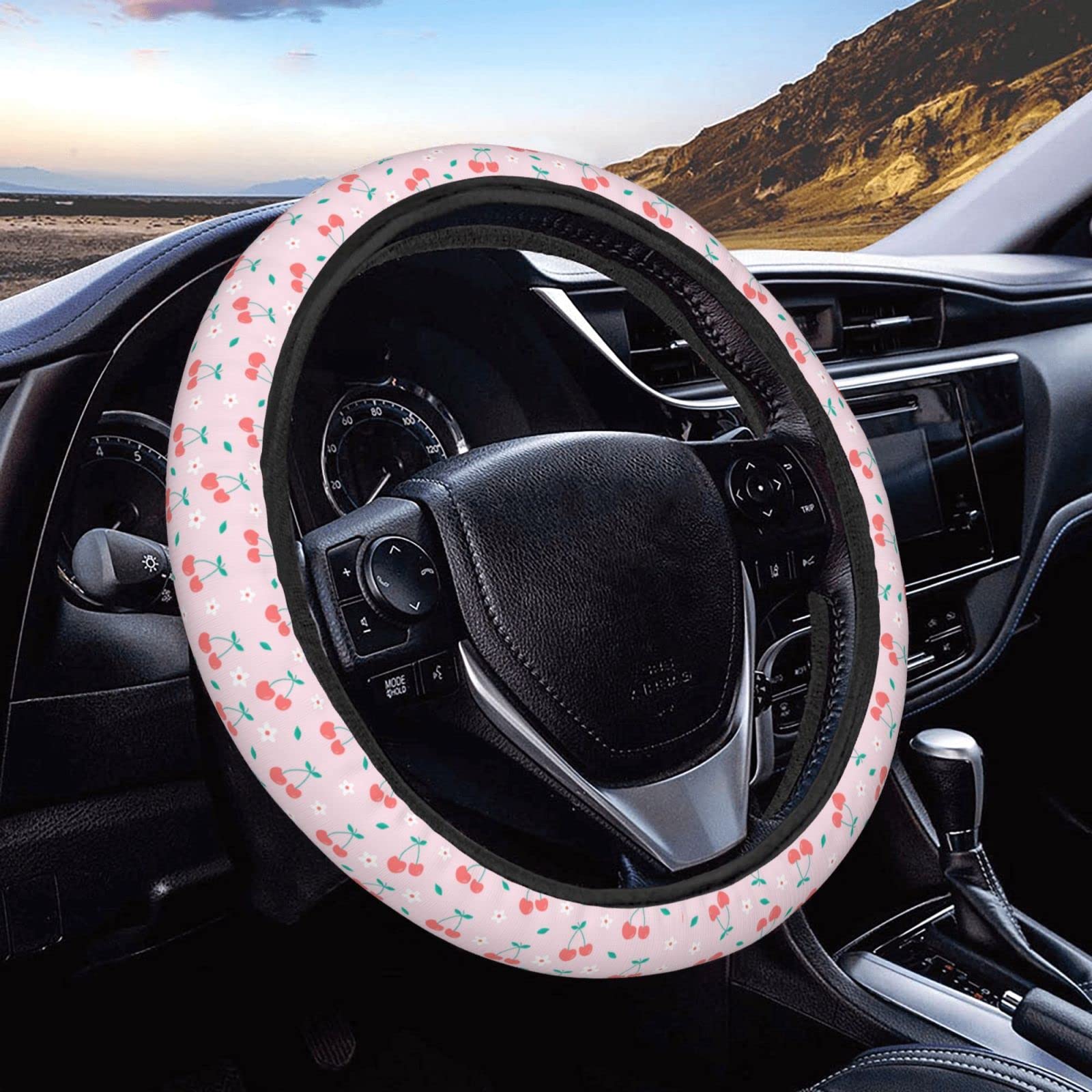 FeHuew Red Cherry White Flowers Steering Wheel Cover for Women, Girls 15 inch Universal Auto Car Anti Slip Wrap Steering Wheel Covers Fit for Vehicles