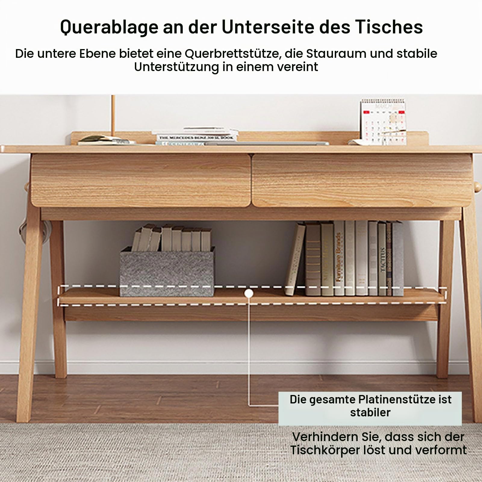 Nileco Mid-Century Modern Schreibtisch, Home-Office-Schreibtisch mit 2 Schubladen und Ablage, einfacher Arbeits-/Studiertisch, PC-Tisch, Workstation für kleine Räume (80 x 50 x 82 cm, Holz)