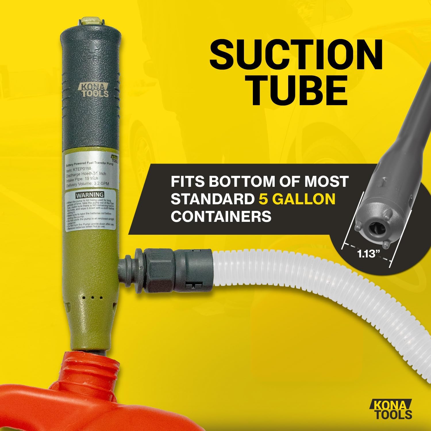 KTEP01M Battery Powered Fuel Transfer Pump with Manual Control Nozzle (3.2 Gal/Min) 19 inch Suction Tube, 51 inch Outtake Hose, Requires 4x AA Batteries for Gas/Diesel/Kerosene