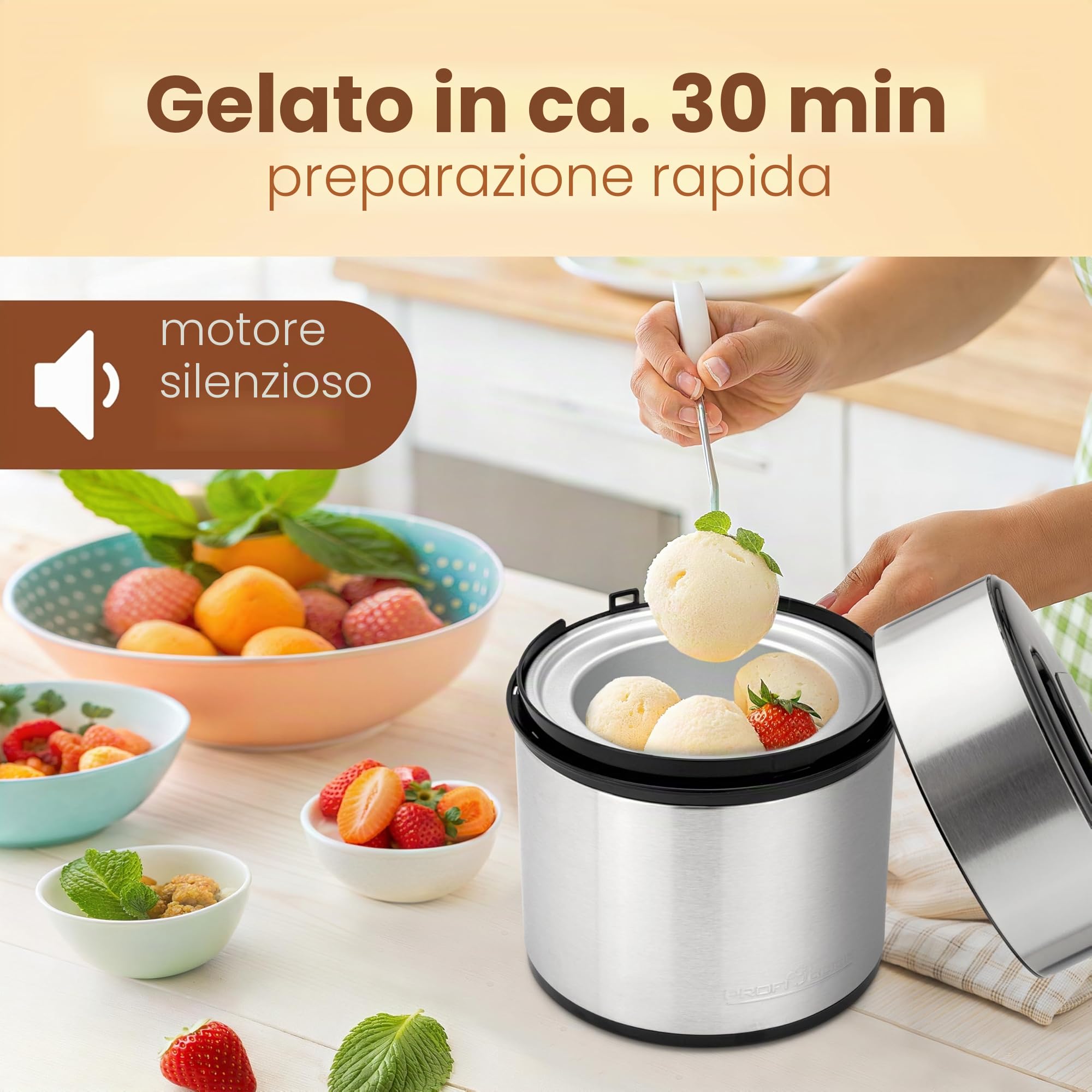 Gelatiera e yogurtiera ProfiCook® | gelato in 20 minuti | per un massimo di 1800 ml di gelato |gelatiera soft per uso domestico|con timer| gelatiera per gelato, frozen yogurt e sorbetto | PC-ICM 1140