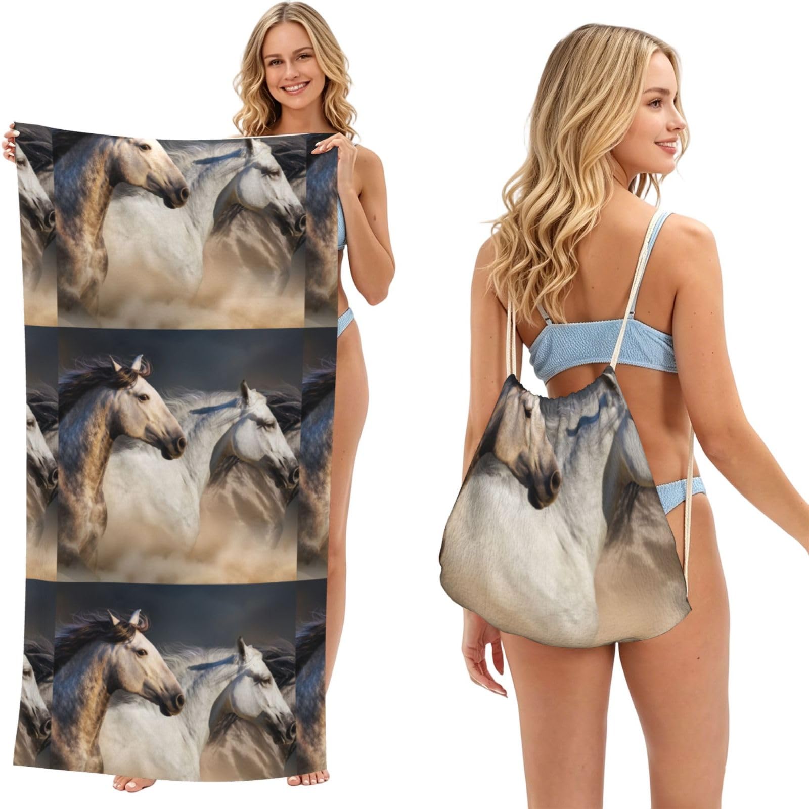 Poadnly As Picture Wild Horse Picture, 2 In 1 Packable Towel Bag, Beach Towels With Drawstring Backpack For Travel Holiday Camping
