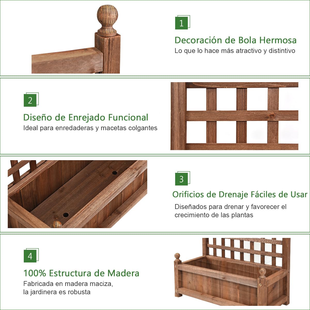 GOPLUS Jardinera Elevada con Enrejado, Cama de Jardín de Madera de Abeto con Espaldera de Celosía, Agujeros de Drenaje, 4 Ruedas, Macetero Móvil para Plantas Trepadoras, Flores, Frutas (sin Ruedas)