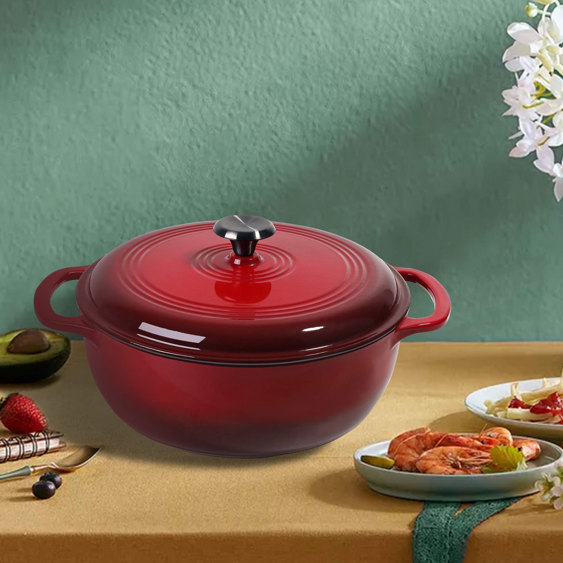 Okrągły emaliowany żeliwny piec holenderski, z pokrywką 15,5 l czerwony, nieprzywierająca emalia holenderska piekarnik (6 Quart-Red)
