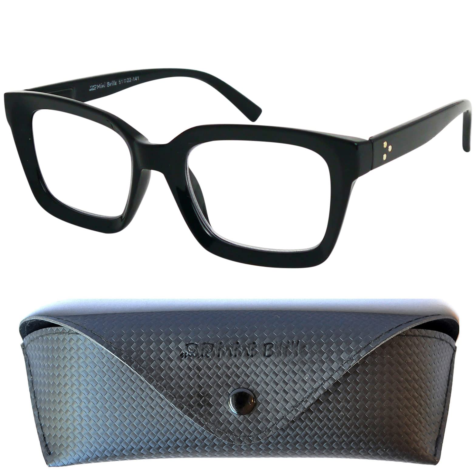 Mini Brille Gafas de Lectura Vintage con Grandes Lentes Rectangulares, Funda incluye, Montura Gruesa el Plástico con Bisagra de Resorte, Gafas Mujer