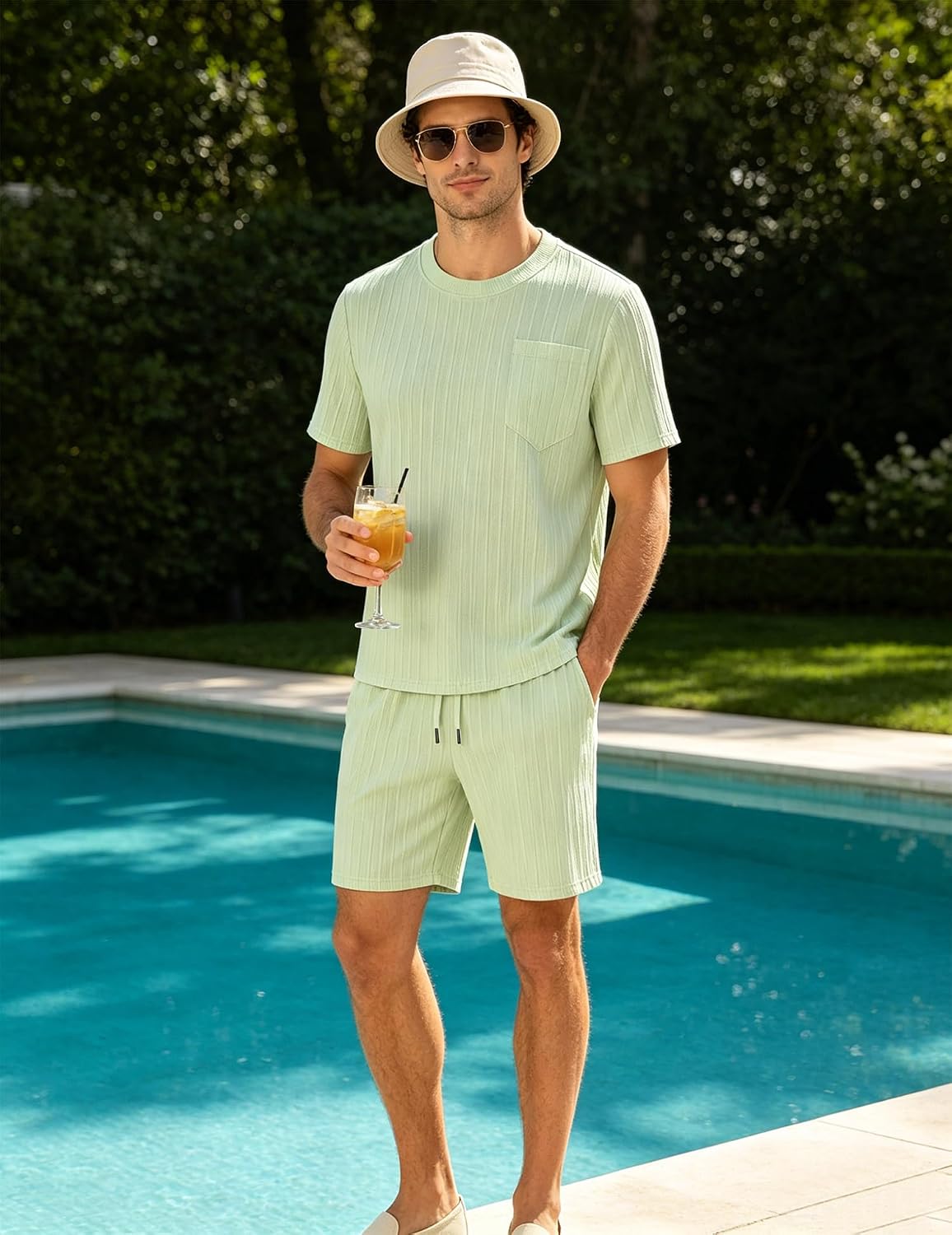 Men's Summer Beach Outfits 2 Piece Vintage Short Sleeve T Shirts and Shorts Vacation Texture Sets