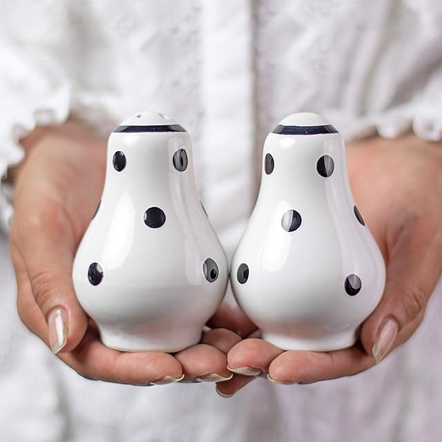 City to Cottage® White and Black | Polka Dot Spotty | Handmade Hand Painted | Ceramic Salt and Pepper Pots | Shaker | Cruet Set | Holder